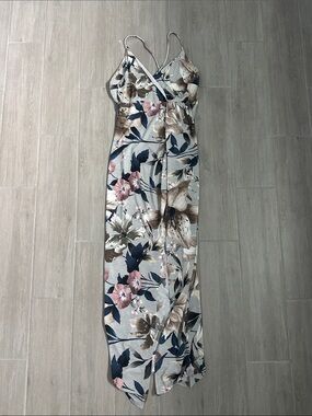 Glare Floral Maxi Slip Dress with Spaghetti Straps - Gray/Pink/Navy